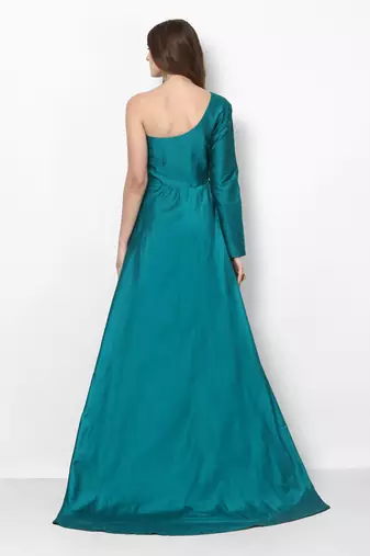 Turquoise blue silk monosleeve embroidered gown