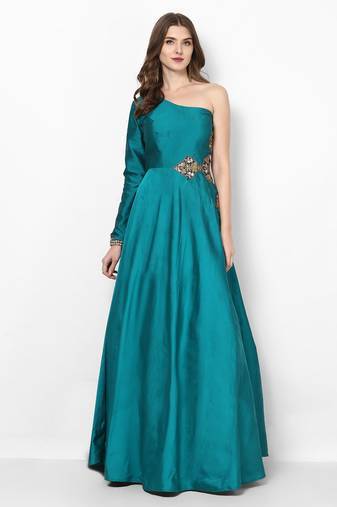 Turquoise blue silk monosleeve embroidered gown