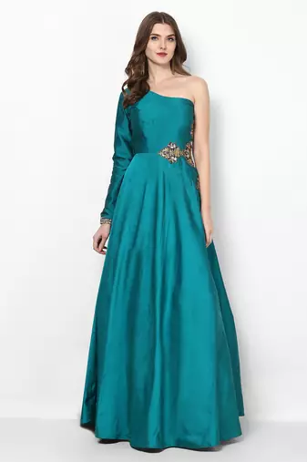 Turquoise blue silk monosleeve embroidered gown