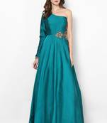 Turquoise blue silk monosleeve embroidered gown