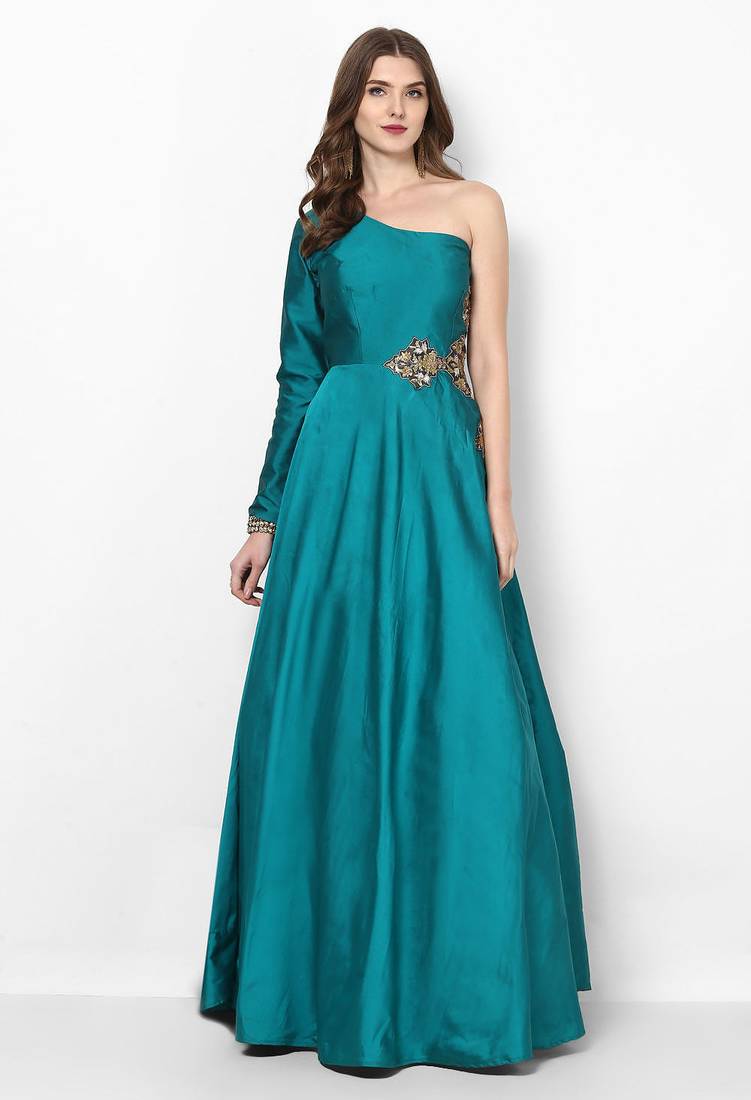 Turquoise blue silk monosleeve embroidered gown