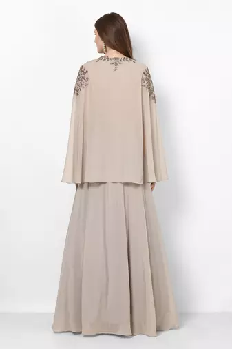 Antique white georgette cape sleeve embroidered gown