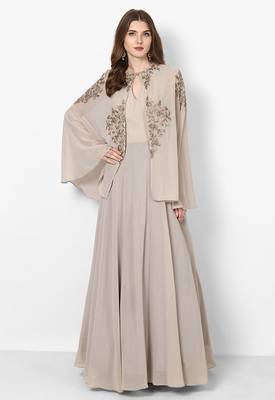 Antique white georgette cape sleeve embroidered gown 1