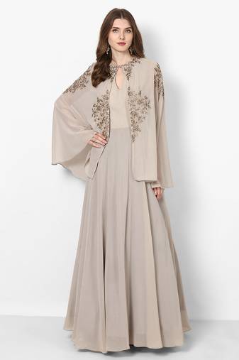 Antique white georgette cape sleeve embroidered gown
