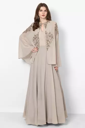 Antique white georgette cape sleeve embroidered gown