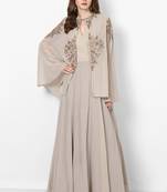 Antique white georgette cape sleeve embroidered gown