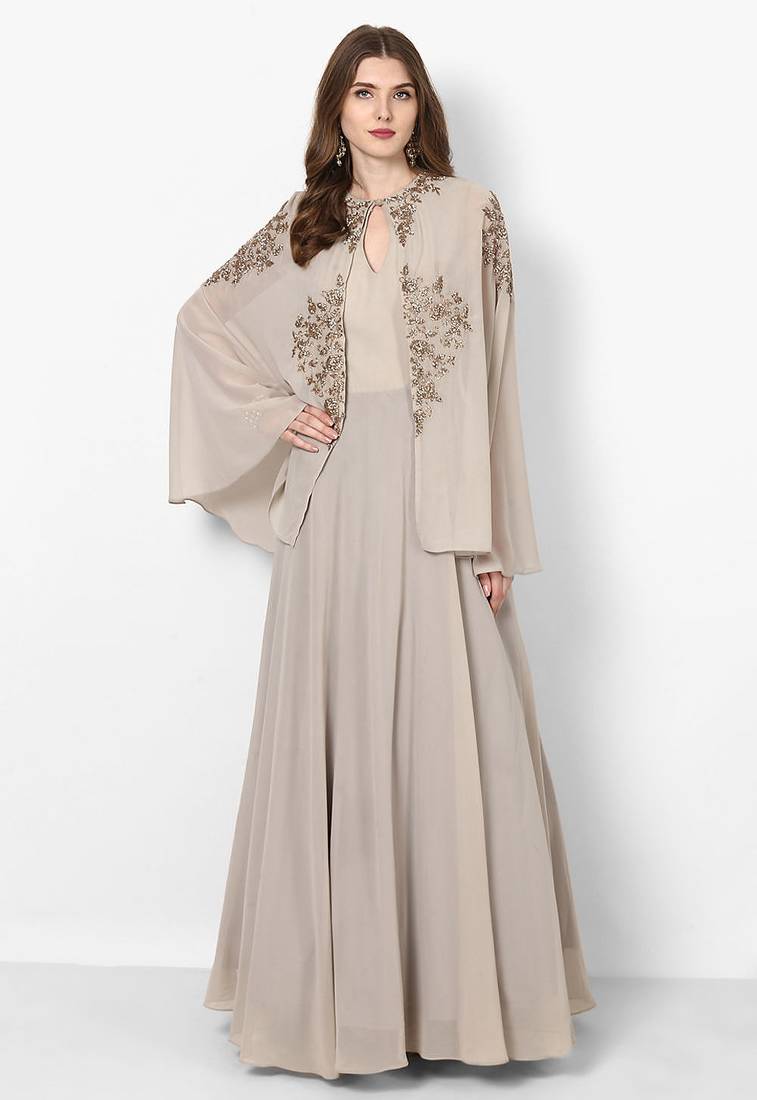 Antique white georgette cape sleeve embroidered gown