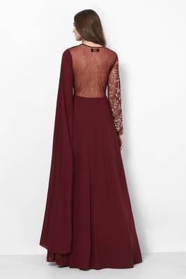 Maroon georgette cape sleeve embroidered gown 2