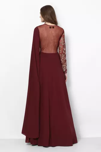 Maroon georgette cape sleeve embroidered gown