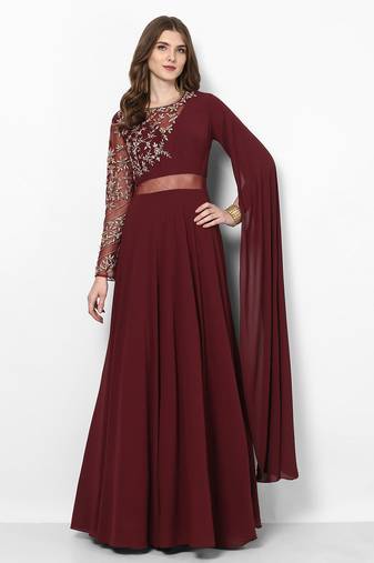 Maroon georgette cape sleeve embroidered gown