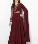 Maroon georgette cape sleeve embroidered gown