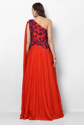 Red crape silk cape sleeve embroidered gown 2