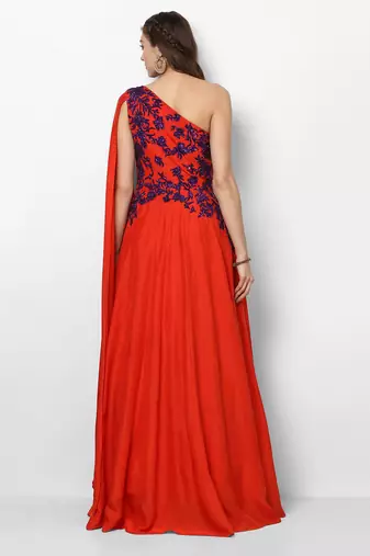 Red crape silk cape sleeve embroidered gown