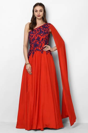 Red crape silk cape sleeve embroidered gown