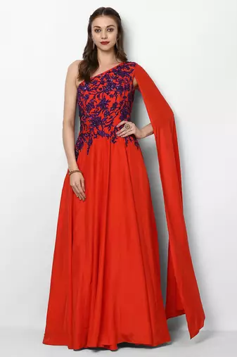 Red crape silk cape sleeve embroidered gown