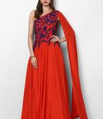 Red crape silk cape sleeve embroidered gown