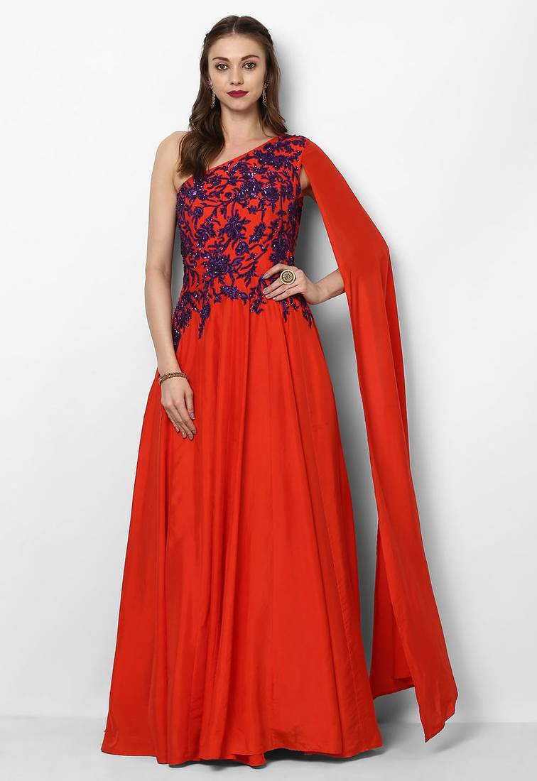 Red crape silk cape sleeve embroidered gown