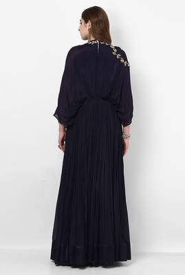 Navy blue georgette wing sleeve embroidered gown 2