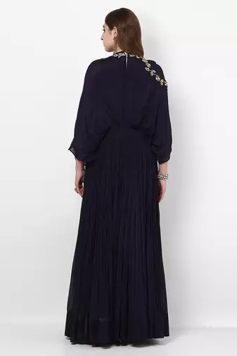 Navy blue georgette wing sleeve embroidered gown
