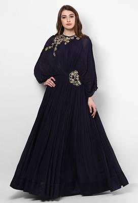 Navy blue georgette wing sleeve embroidered gown 1