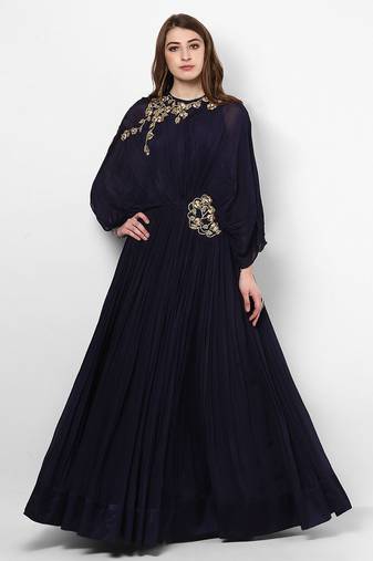 Navy blue georgette wing sleeve embroidered gown