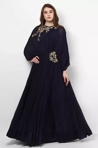 Navy blue georgette wing sleeve embroidered gown