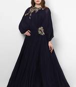 Navy blue georgette wing sleeve embroidered gown