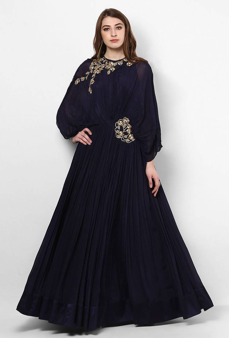 Navy blue georgette wing sleeve embroidered gown