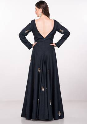 Navy blue silk full sleeve embroidered gown 2
