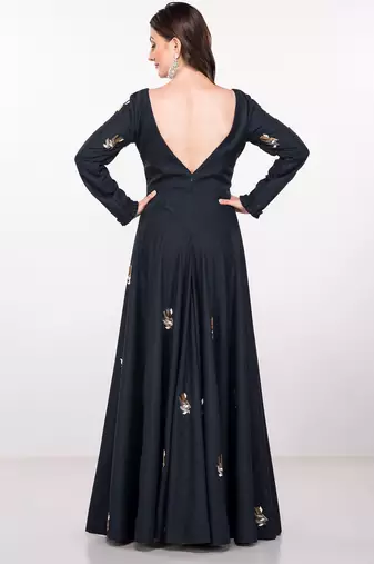 Navy blue silk full sleeve embroidered gown