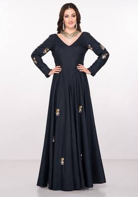 Navy blue silk full sleeve embroidered gown 1