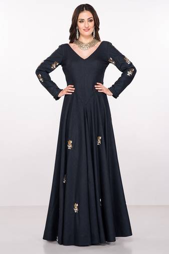 Navy blue silk full sleeve embroidered gown