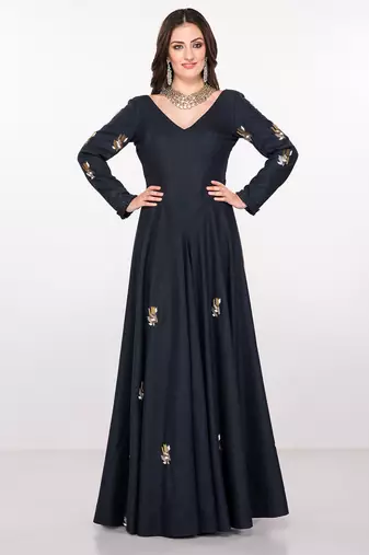 Navy blue silk full sleeve embroidered gown