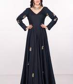 Navy blue silk full sleeve embroidered gown