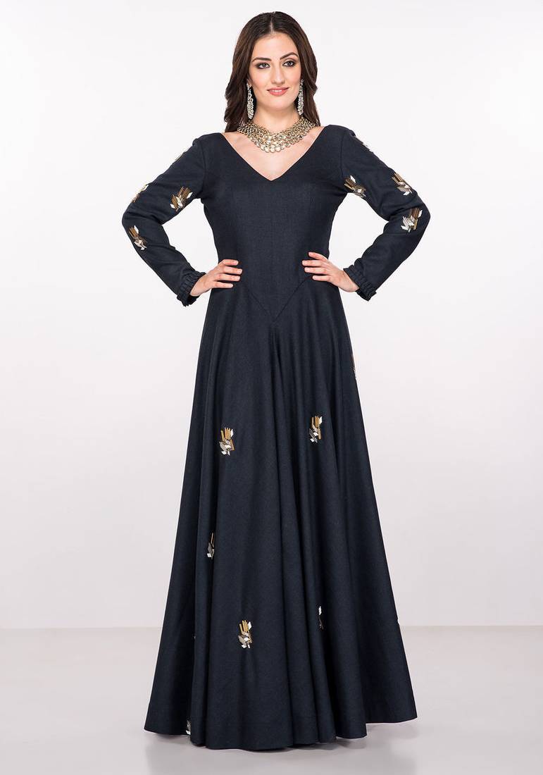 Navy blue silk full sleeve embroidered gown