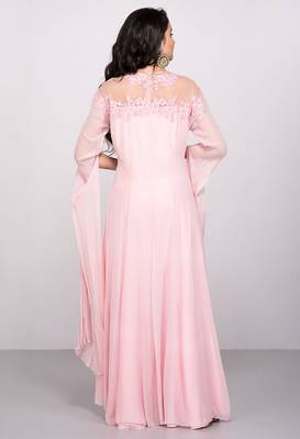Pink georgette cape sleeve embroidered gown 2