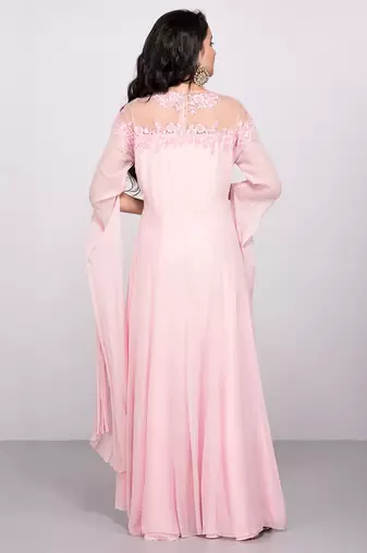 Pink georgette cape sleeve embroidered gown