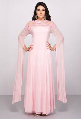 Pink georgette cape sleeve embroidered gown 1