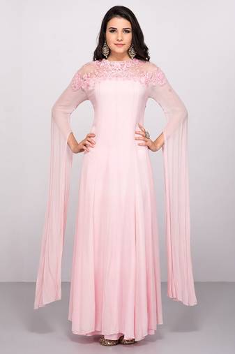 Pink georgette cape sleeve embroidered gown
