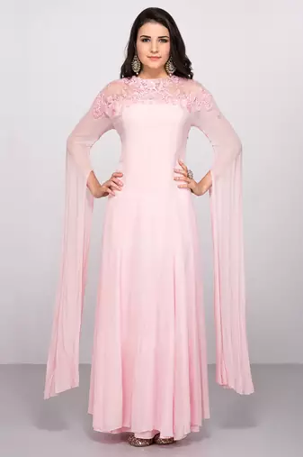 Pink georgette cape sleeve embroidered gown
