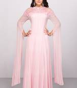 Pink georgette cape sleeve embroidered gown