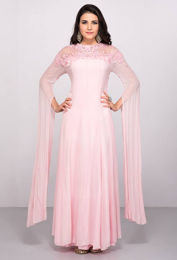 Pink georgette cape sleeve embroidered gown