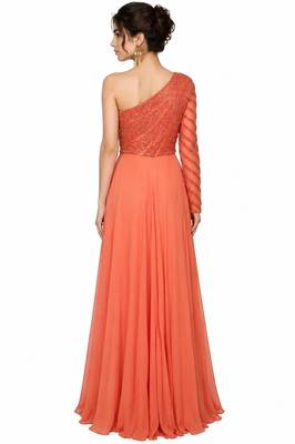 Tangrine georgette monosleeve embroidered gown 2