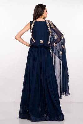 Navy blue georgette cape sleeve embroidered gown 2