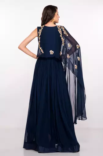 Navy blue georgette cape sleeve embroidered gown