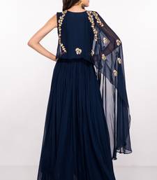 Navy blue georgette cape sleeve embroidered gown