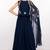 Navy blue georgette cape sleeve embroidered gown