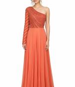 Tangrine georgette monosleeve embroidered gown