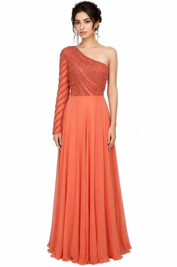 Tangrine georgette monosleeve embroidered gown