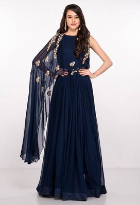 Navy blue georgette cape sleeve embroidered gown 1